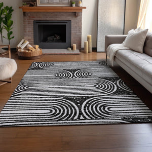 HomeRoots 10' X 14' Black and Ivory Geometric Area Rug - Stylish, Washable, UV-Protected, Pet-Friendly Design 648226