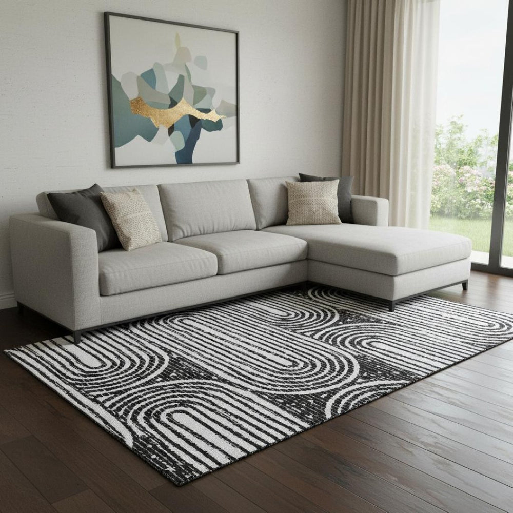 HomeRoots 10' X 14' Black and Ivory Geometric Area Rug - Stylish, Washable, UV-Protected, Pet-Friendly Design 648226