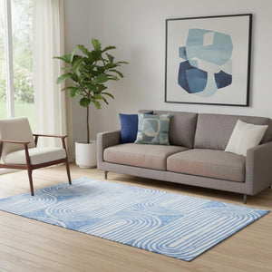 HomeRoots 5' X 8' Blue And Ivory Geometric Area Rug - Durable, Washable, UV Protected, Perfect for High-Traffic Spaces 648228