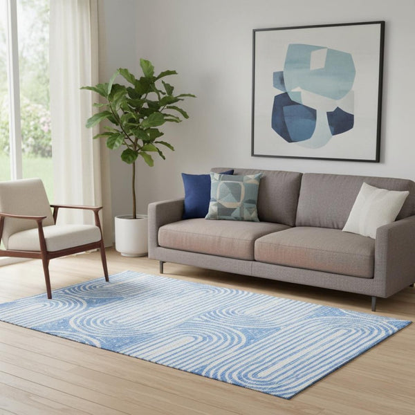 HomeRoots 5' X 8' Blue And Ivory Geometric Area Rug - Durable, Washable, UV Protected, Perfect for High-Traffic Spaces 648228