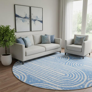 HomeRoots 8' Blue and Ivory Geometric Round Rug - Washable, UV-Protected, Durable for High-Traffic Areas 648229