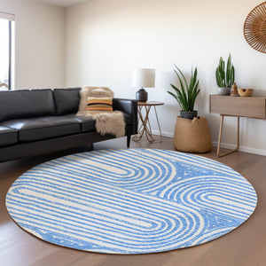 HomeRoots 8' Blue and Ivory Geometric Round Rug - Washable, UV-Protected, Durable for High-Traffic Areas 648229