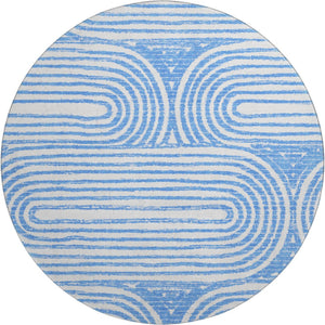 HomeRoots 8' Blue and Ivory Geometric Round Rug - Washable, UV-Protected, Durable for High-Traffic Areas 648229