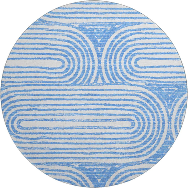 HomeRoots 8' Blue and Ivory Geometric Round Rug - Washable, UV-Protected, Durable for High-Traffic Areas 648229