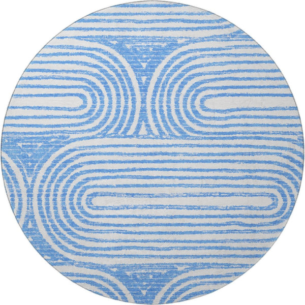 HomeRoots 8' Blue and Ivory Geometric Round Rug - Washable, UV-Protected, Durable for High-Traffic Areas 648229