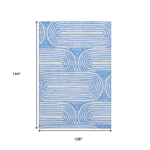 HomeRoots 9' X 12' Blue and Ivory Geometric Washable Area Rug – Stylish, Durable, UV-Protected for Busy Homes 648231