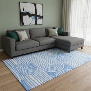 HomeRoots 9' X 12' Blue and Ivory Geometric Washable Area Rug – Stylish, Durable, UV-Protected for Busy Homes 648231