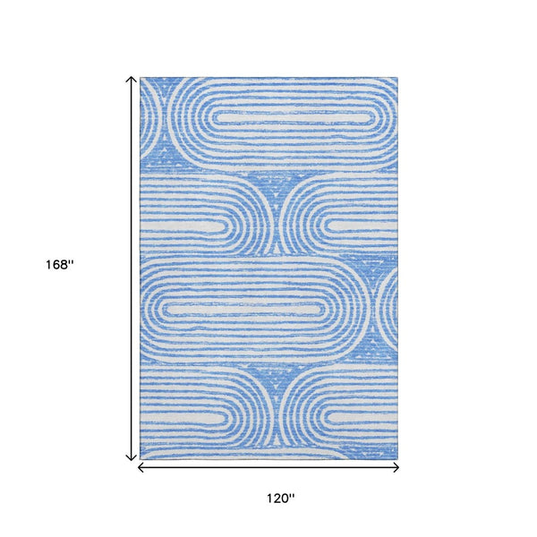HomeRoots 10' Blue and Ivory Geometric Washable Area Rug - Durable, UV-Protected, Ideal for High-Traffic Spaces 648232