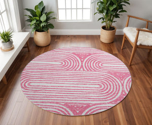 HomeRoots 8' Blush and Ivory Geometric Round Rug - Stylish, Washable, UV-Protected for Modern Homes and Patios 648235