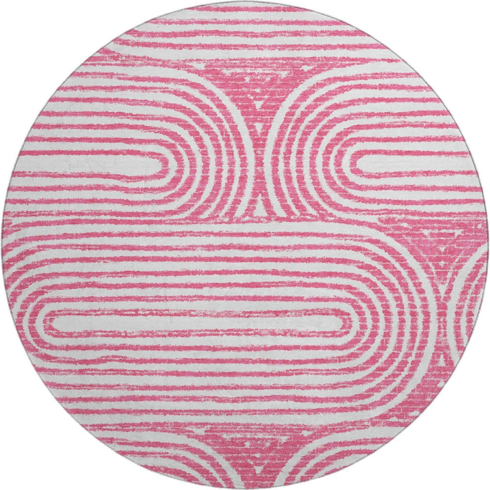 HomeRoots 8' Blush and Ivory Geometric Round Rug - Stylish, Washable, UV-Protected for Modern Homes and Patios 648235