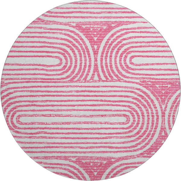 HomeRoots 8' Blush and Ivory Geometric Round Rug - Stylish, Washable, UV-Protected for Modern Homes and Patios 648235