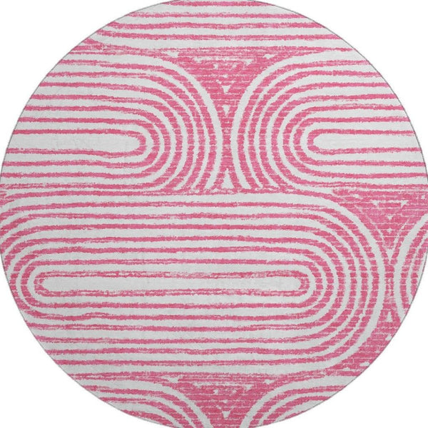 HomeRoots 8' Blush and Ivory Geometric Round Rug - Stylish, Washable, UV-Protected for Modern Homes and Patios 648235