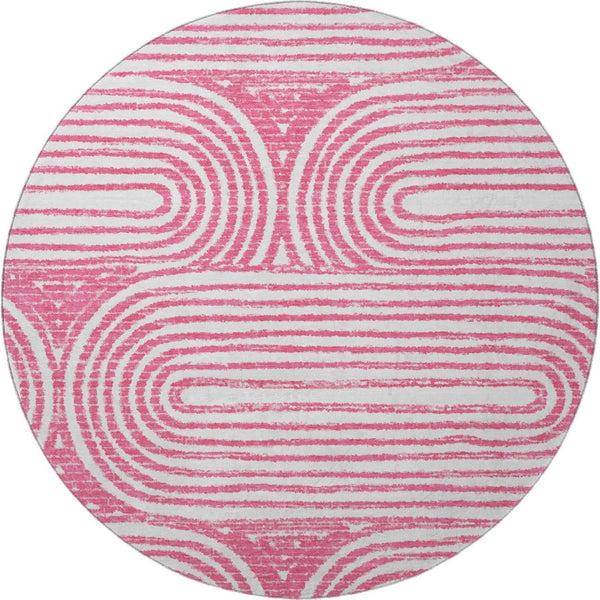 HomeRoots 8' Blush and Ivory Geometric Round Rug - Stylish, Washable, UV-Protected for Modern Homes and Patios 648235