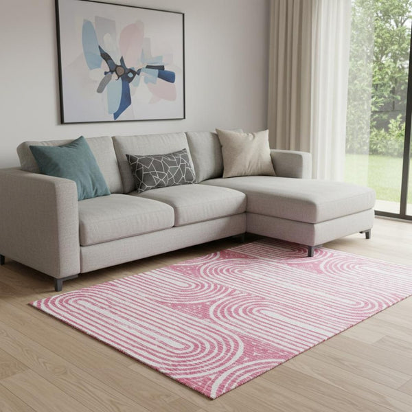 HomeRoots 8' X 10' Blush and Ivory Geometric Area Rug - Durable, Washable, UV-Protected for Modern Spaces 648236
