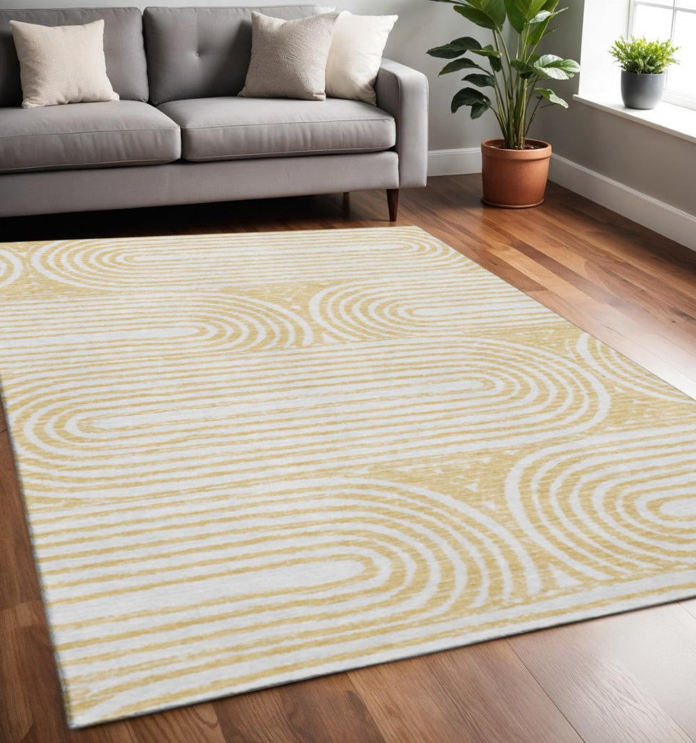 HomeRoots 5' X 8' Gold and Ivory Geometric Area Rug - Washable, UV-Resistant, Soft and Stylish for Modern Homes 648240