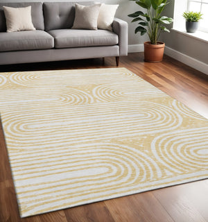 HomeRoots 5' X 8' Gold and Ivory Geometric Area Rug - Washable, UV-Resistant, Soft and Stylish for Modern Homes 648240