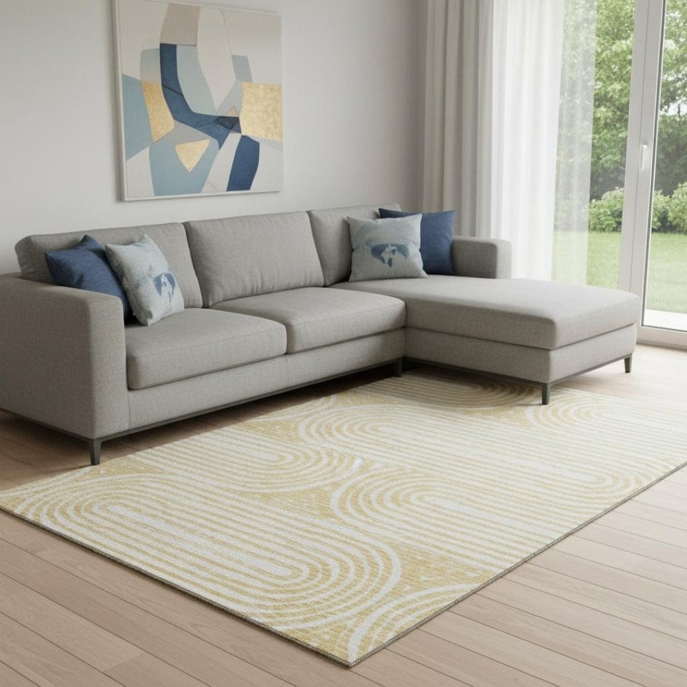 HomeRoots 8' X 10' Gold and Ivory Geometric Area Rug – Washable, UV-Resistant, Perfect for Busy Family Spaces! 648242