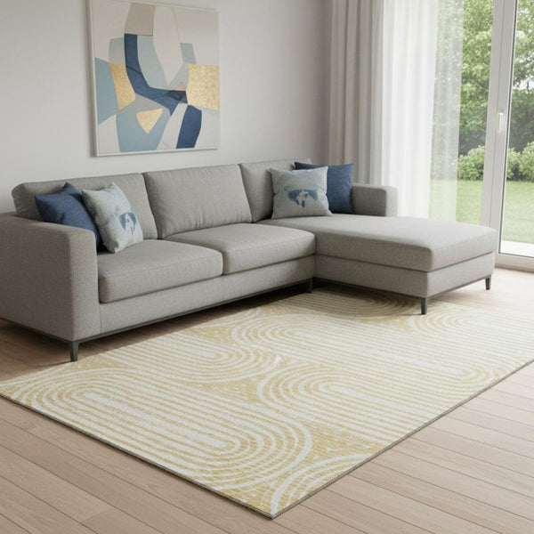 HomeRoots 8' X 10' Gold and Ivory Geometric Area Rug – Washable, UV-Resistant, Perfect for Busy Family Spaces! 648242