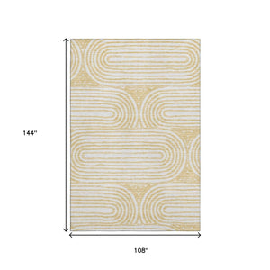HomeRoots 9' X 12' Gold And Ivory Geometric Area Rug - Washable, Stain Resistant, UV Protected for Modern Homes 648243