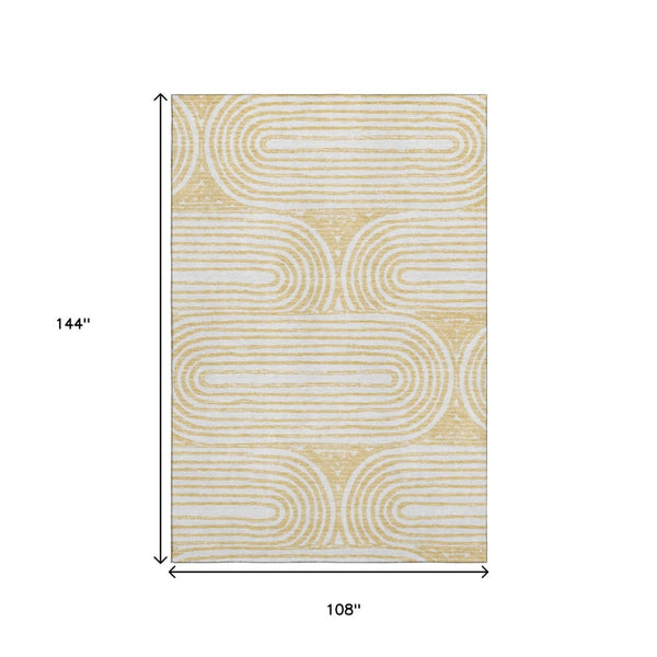 HomeRoots 9' X 12' Gold And Ivory Geometric Area Rug - Washable, Stain Resistant, UV Protected for Modern Homes 648243