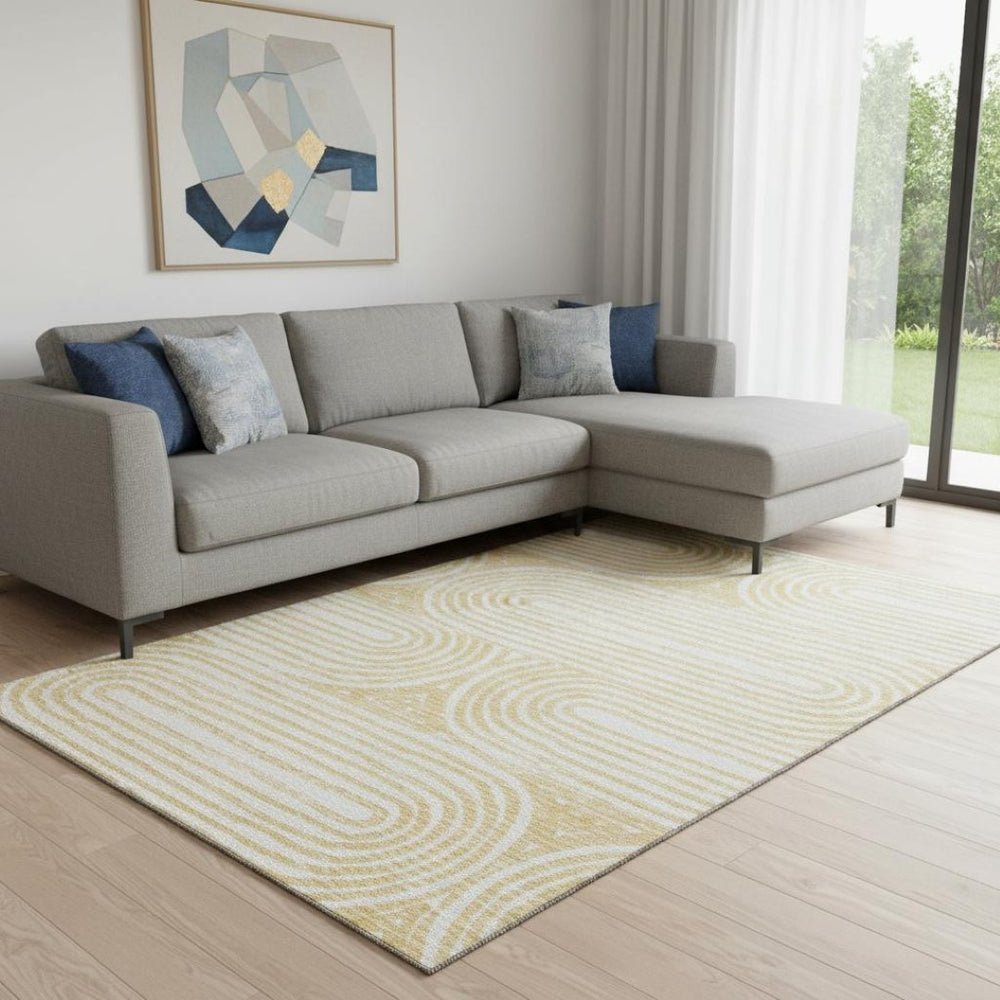 HomeRoots 9' X 12' Gold And Ivory Geometric Area Rug - Washable, Stain Resistant, UV Protected for Modern Homes 648243