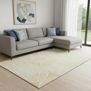 HomeRoots 9' X 12' Gold And Ivory Geometric Area Rug - Washable, Stain Resistant, UV Protected for Modern Homes 648243