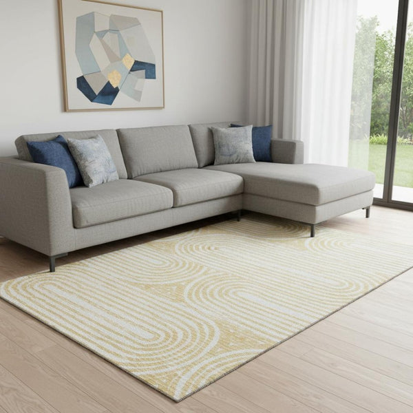 HomeRoots 9' X 12' Gold And Ivory Geometric Area Rug - Washable, Stain Resistant, UV Protected for Modern Homes 648243