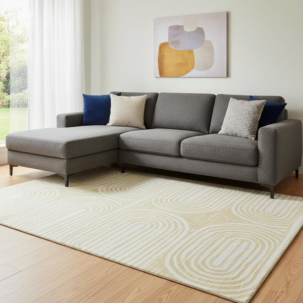 HomeRoots 10' Gold and Ivory Geometric Washable Area Rug - UV Protected, Stain Resistant, Perfect for Pets & Kids 648244