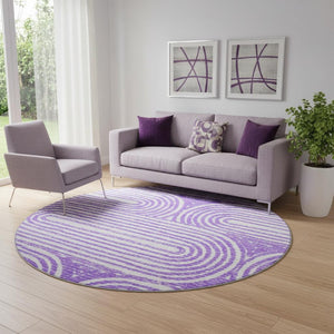 HomeRoots 8' Purple and Ivory Geometric Washable Round Rug – Stylish, Durable, UV-Protected for Family Spaces 648253