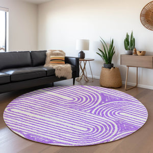 HomeRoots 8' Purple and Ivory Geometric Washable Round Rug – Stylish, Durable, UV-Protected for Family Spaces 648253