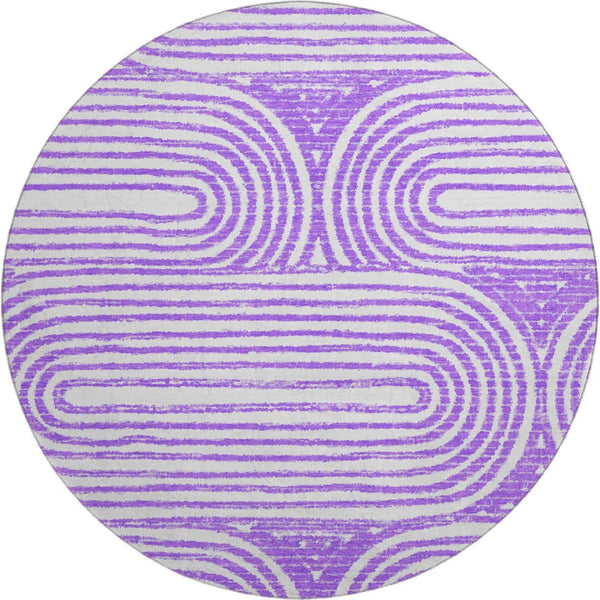 HomeRoots 8' Purple and Ivory Geometric Washable Round Rug – Stylish, Durable, UV-Protected for Family Spaces 648253