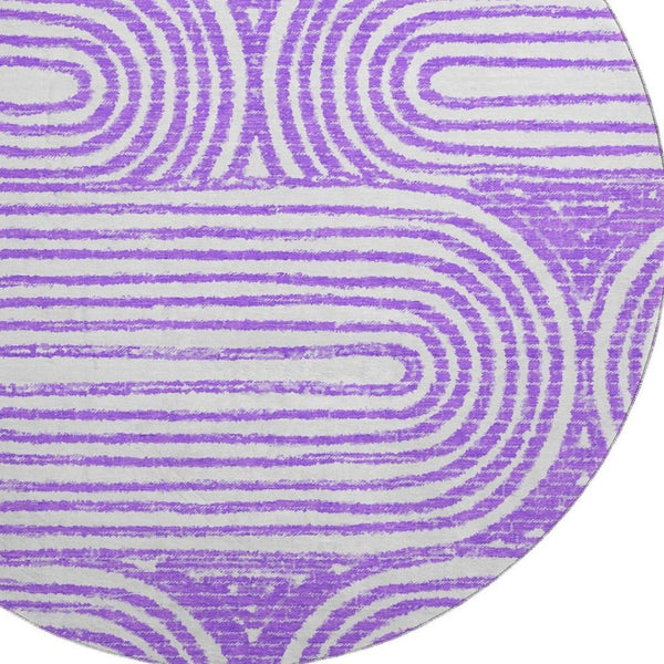 HomeRoots 8' Purple and Ivory Geometric Washable Round Rug – Stylish, Durable, UV-Protected for Family Spaces 648253