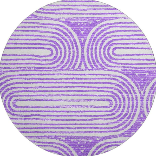 HomeRoots 8' Purple and Ivory Geometric Washable Round Rug – Stylish, Durable, UV-Protected for Family Spaces 648253