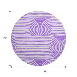 HomeRoots 8' Purple and Ivory Geometric Washable Round Rug – Stylish, Durable, UV-Protected for Family Spaces 648253