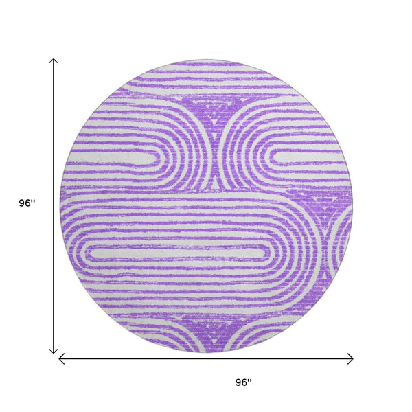 HomeRoots 8' Purple and Ivory Geometric Washable Round Rug – Stylish, Durable, UV-Protected for Family Spaces 648253