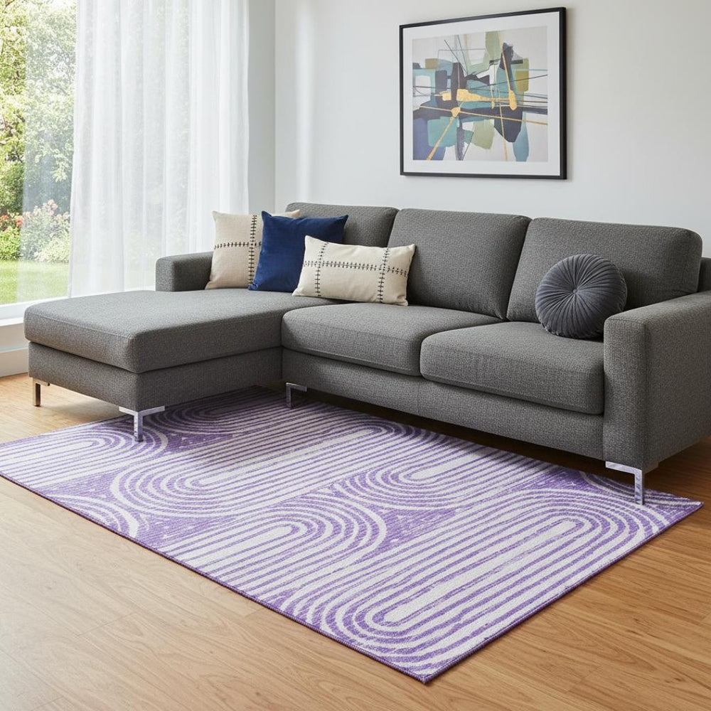 HomeRoots 9' X 12' Purple and Ivory Geometric Area Rug - Washable, Stain-Resistant, UV Protected for Modern Spaces 648255