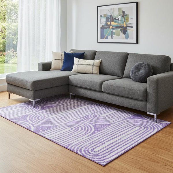 HomeRoots 9' X 12' Purple and Ivory Geometric Area Rug - Washable, Stain-Resistant, UV Protected for Modern Spaces 648255