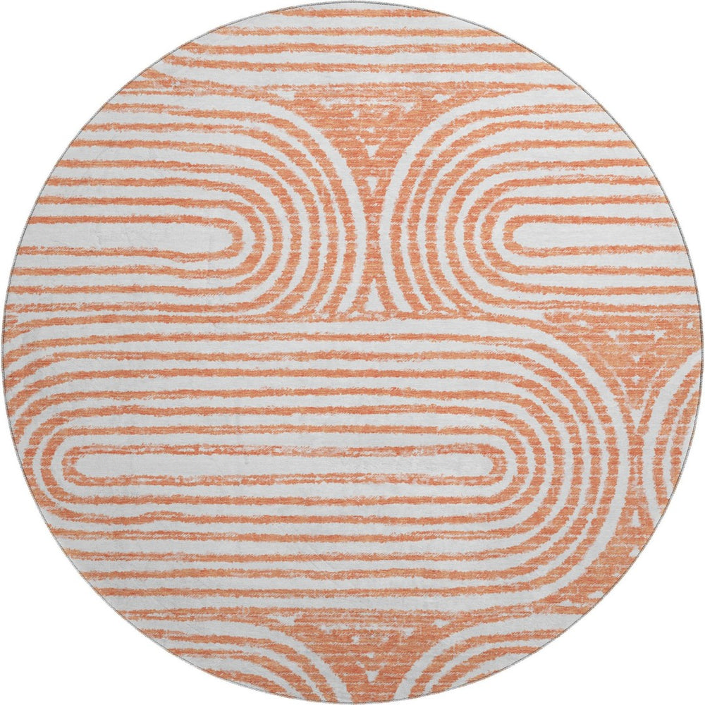 HomeRoots 8' Salmon and Ivory Geometric Washable Round Rug with UV Protection for Stylish, Durable Living Spaces 648259