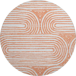 HomeRoots 8' Salmon and Ivory Geometric Washable Round Rug with UV Protection for Stylish, Durable Living Spaces 648259