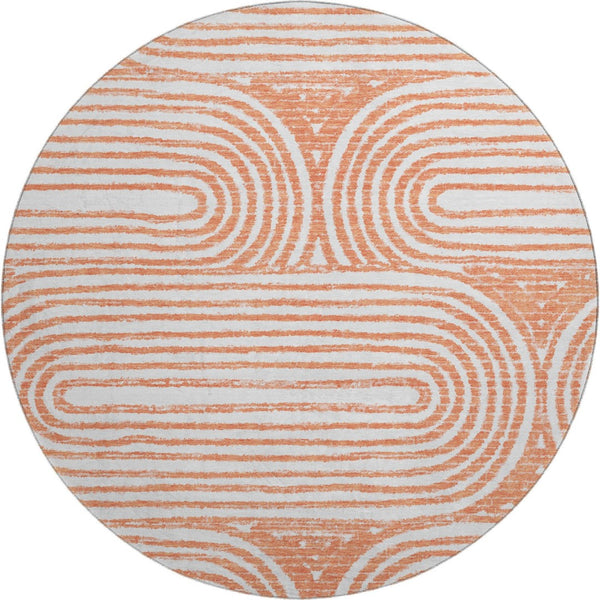 HomeRoots 8' Salmon and Ivory Geometric Washable Round Rug with UV Protection for Stylish, Durable Living Spaces 648259