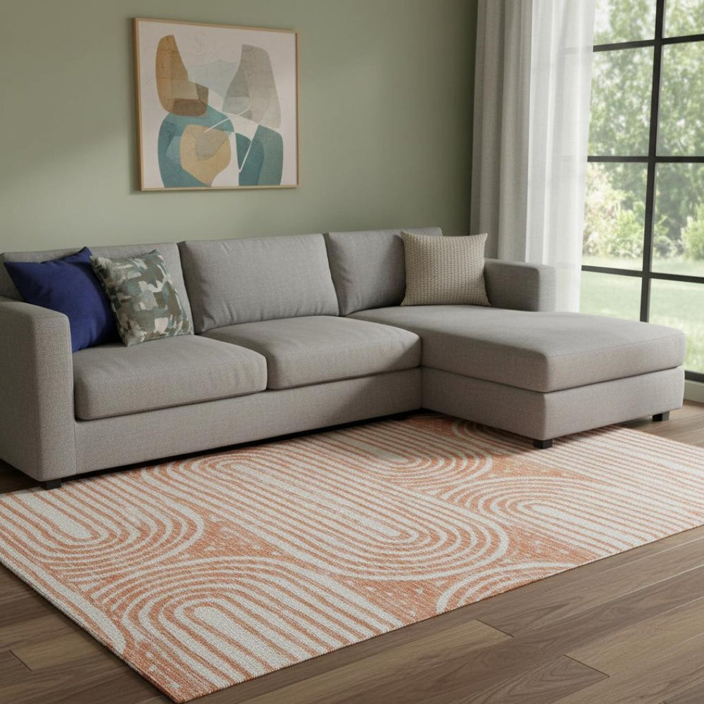 HomeRoots 8' x 10' Salmon & Ivory Geometric Washable Area Rug - Stain Resistant, UV Protected, Easy Care! 648260