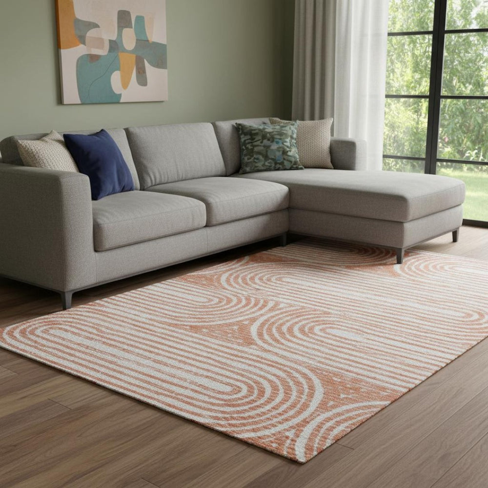 HomeRoots 9' X 12' Salmon and Ivory Geometric Area Rug - Washable, UV-Protected, Durable for Modern Living Spaces 648261