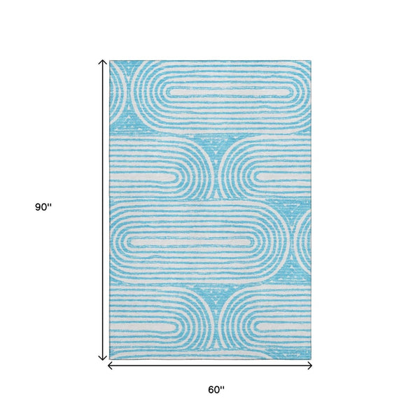 HomeRoots 5' X 8' Teal and Ivory Geometric Area Rug - Stylish, Washable, UV-Protected, Durable for High-Traffic Areas 648264