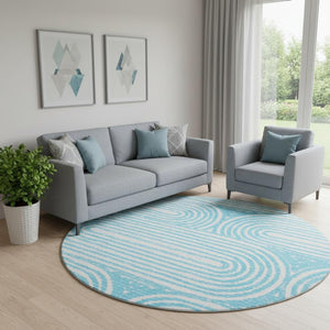 HomeRoots 8' Teal And Ivory Geometric Round Rug - Washable, UV Protected, Stylish Design for High-Traffic Areas 648265