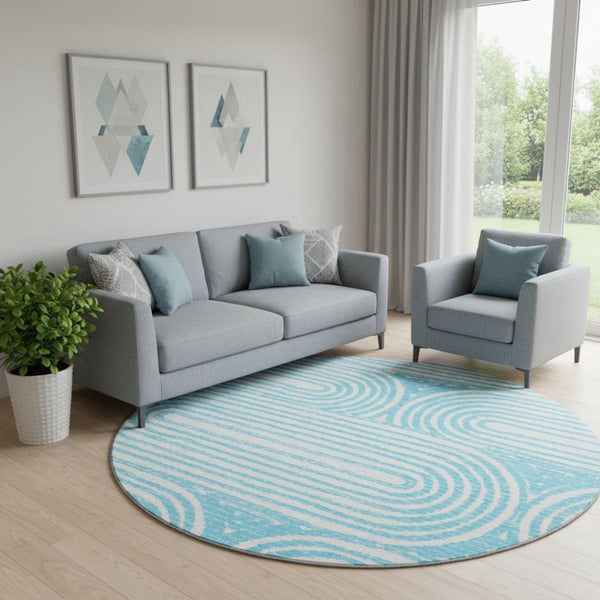 HomeRoots 8' Teal And Ivory Geometric Round Rug - Washable, UV Protected, Stylish Design for High-Traffic Areas 648265