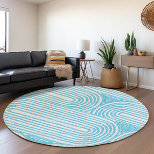 HomeRoots 8' Teal And Ivory Geometric Round Rug - Washable, UV Protected, Stylish Design for High-Traffic Areas 648265
