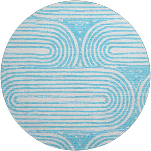 HomeRoots 8' Teal And Ivory Geometric Round Rug - Washable, UV Protected, Stylish Design for High-Traffic Areas 648265
