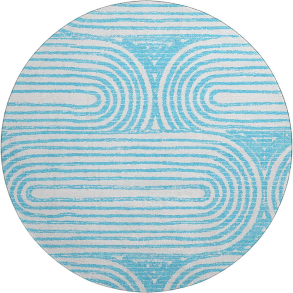 HomeRoots 8' Teal And Ivory Geometric Round Rug - Washable, UV Protected, Stylish Design for High-Traffic Areas 648265