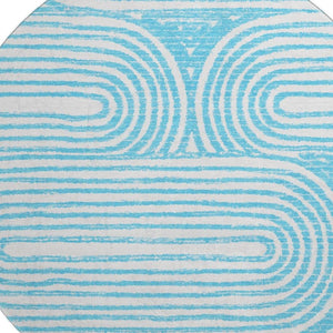 HomeRoots 8' Teal And Ivory Geometric Round Rug - Washable, UV Protected, Stylish Design for High-Traffic Areas 648265