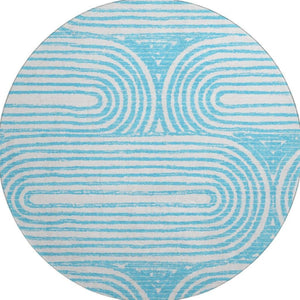 HomeRoots 8' Teal And Ivory Geometric Round Rug - Washable, UV Protected, Stylish Design for High-Traffic Areas 648265